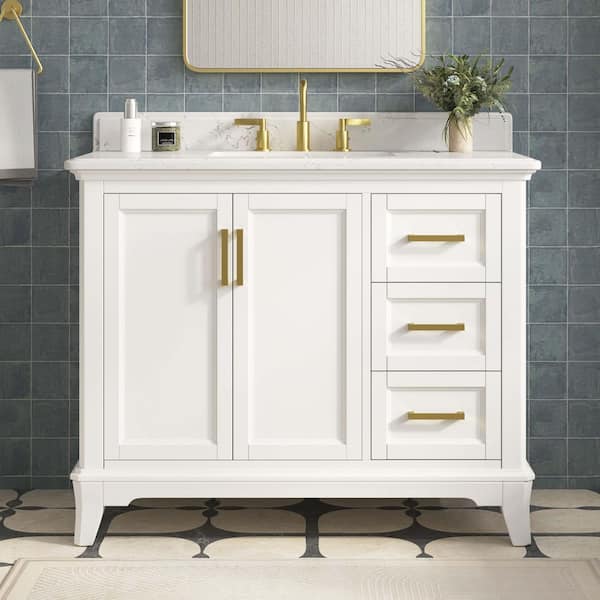 Palace 43 in. Single Sink Freestanding White Bath Vanity with White Quartz Top and Backsplash Assembled
