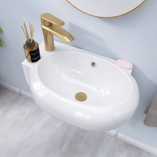 17 in. W x 11.25 in. D Porcelain Ceramic Wall-Mounted Oval Bathroom Mini Sink with Single Left Faucet Hole in White