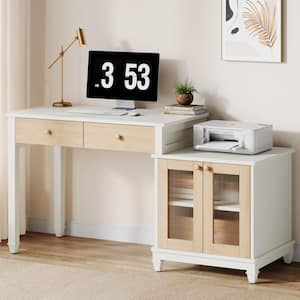 63 in. Rectangular Engineered Wood 2-Drawer Computer Desk with Printer Space for Home Office, White + Light Walnut