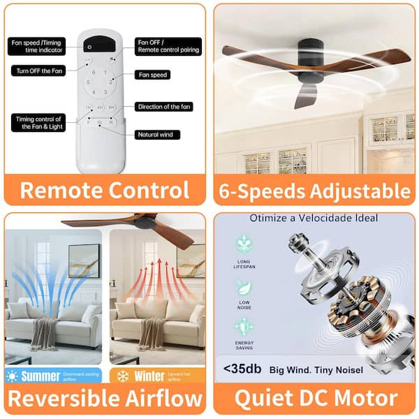 52 in. Modern Flush Mount Ceiling Fan, 3 Solid Wood Blades, Remote Control, Reversible DC Motor, Without Light