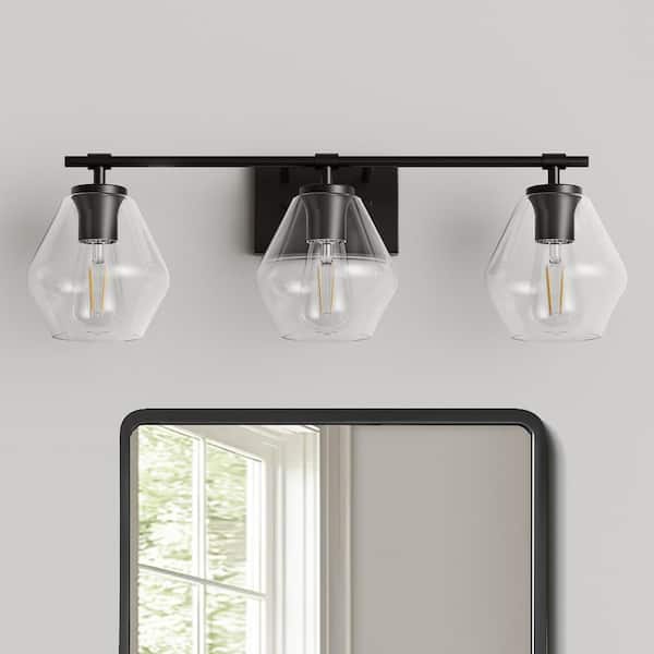 25 in. 3-Light Matte Black Vanity Light with Clear Glass Shade Dimmable for Bathroom and No Bulbs Included