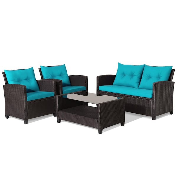Gymax 4-Pieces Outdoor Conversation Set Patio PE Rattan Set with Glass Table & Sofa Cushions Turquoise