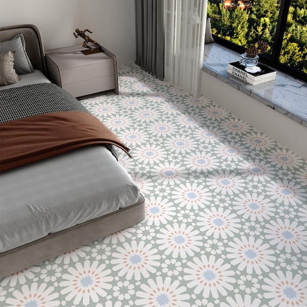 10PCS Self-Adhesive 7. 87in. x 7. 87in. PVC Wallpaper, Waterproof Backsplash, Boho Green&White Floral Floor Tile