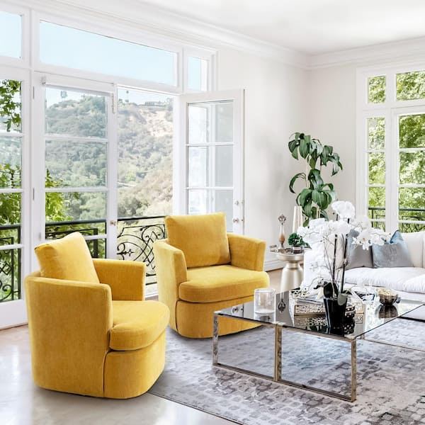 LUE BONA 32 in. W Mustard Chenille Swivel Accent Barrel