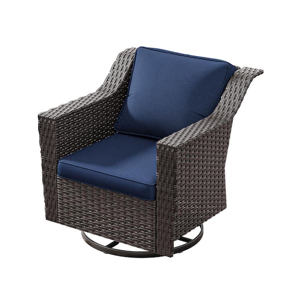 Wicker Outdoor Rocking Chair Patio Swivel Chair with Blue Cushion
