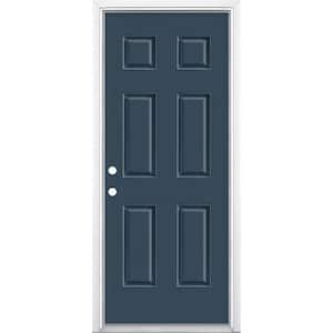 32 in. x 80 in. 6-Panel Night Tide Right-Hand Inswing Painted Smooth Fiberglass Prehung Front Door with Brickmold