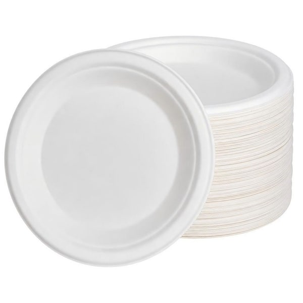 Classic White Biodegradable Disposable Plates, Microwave Safe Sturdy Bagasse Plates (Set of 125) for Snacks and Desserts