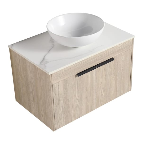 INSTER PETIT 29.5 in. W x 18.9 in. D x 23.8 in. H Single Sink Floating Bath Vanity in Oak with White Slate Top and Ceramic Sink