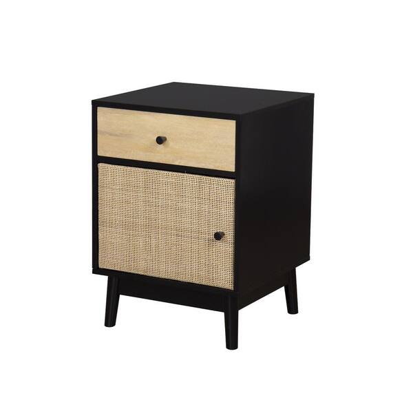 Nathan James Bonnie 16 in. Black Oak End Side Table Storage Drawer and Rattan Door for Living Room Nightstand Bedroom (Set of 2)