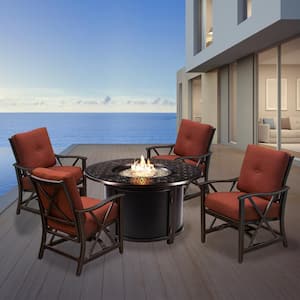 Copper 5-Piece Aluminum Patio Fire Pit Deep Seating Set with Red Cushions