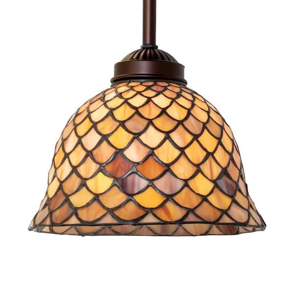 Fishscale 60-Watt 1 Light Mahogany Bronze Shaded Mini Pendant Light with Stained Glass Shade, No Bulbs Included