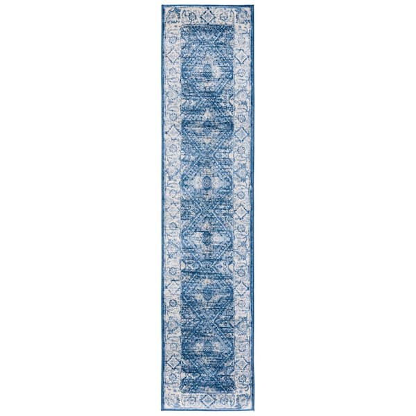 Brentwood 2 ft. x 9 ft. Ivory/Navy Distressed Ornate Border Runner Rug