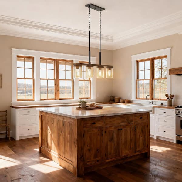 4-Light Black Wood Grain Pendant Light, Kitchen Island Hanging Fixture with Clear Glass Shades for Living Room