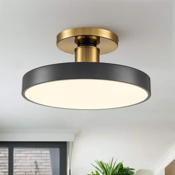 Orra 15.7 in. Modern Brass and Black Integrated Dimmable LED Flush Mount with Drum Shade Minimalist Circle