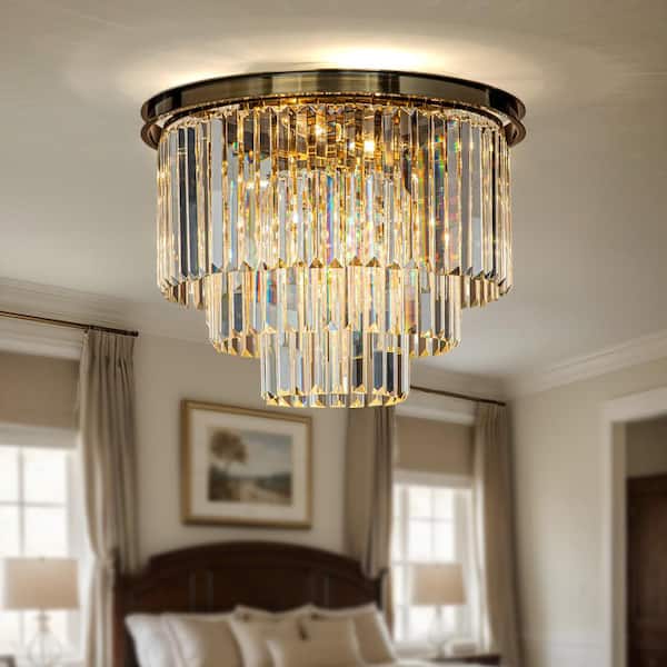 ALOA DECOR 6-Lights 20 in. Modern Glam Antique Gold Round 3-Tier Flush Mount Ceiling Light with Crystal