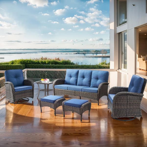 Gymojoy Carlos Brown 6-Piece Steel Wicker Patio Conversation Deep Seating Set with Thick Blue Cushions with Ottoman