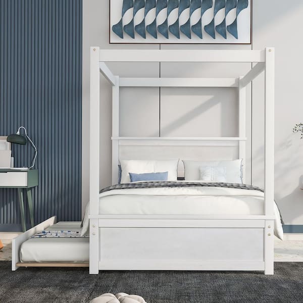 Ezra White+White Wood Frame Full Size Canopy Bed with Trundle, Headboard, Support Slats