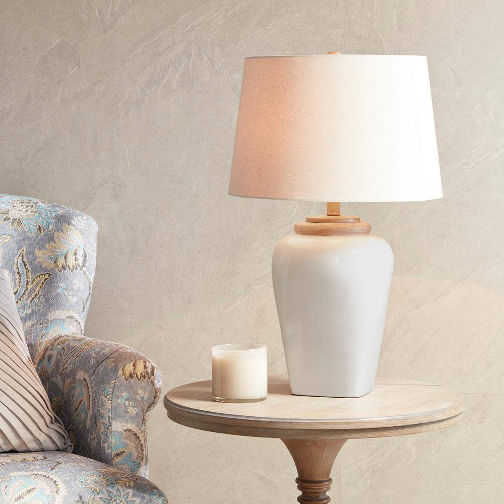 White Ceramic Table Lamp with Light Wood Accents and Empire Shade