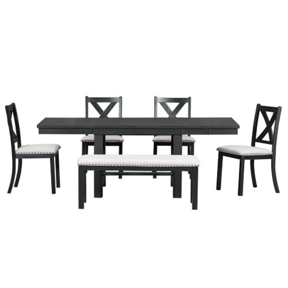 Black 6-Piece Wood 82 in. Table with Footrest Upholstered Chairs and Bench 