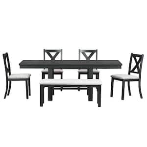 Black 6-Piece Wood 82 in. Table with Footrest Upholstered Chairs and Bench Outdoor Dining Set with Beige Cushion