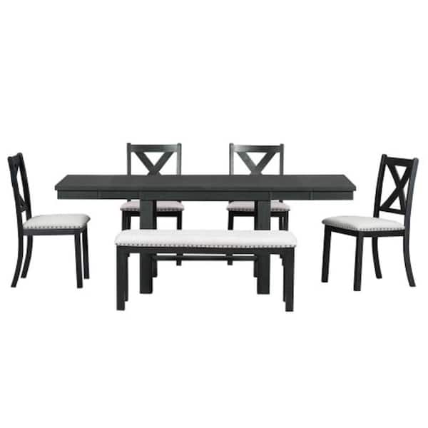 Unbranded Black 6-Piece Wood 82 in. Table with Footrest Upholstered Chairs and Bench Outdoor Dining Set with Beige Cushion