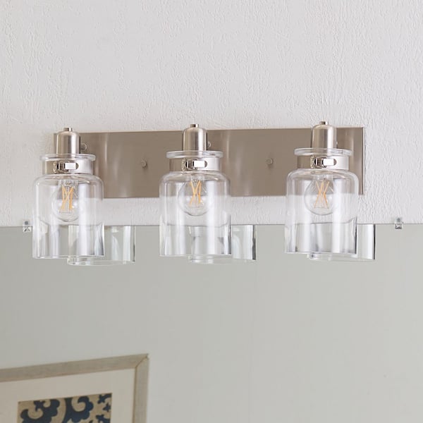 Calhoun Collection 21-5/8 in. 3-Light Brushed Nickel Clear Glass Farmhouse Urban Industrial Bathroom Vanity Light