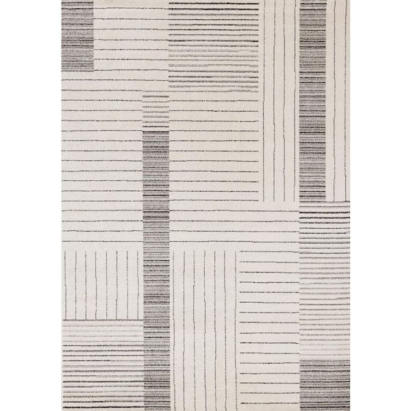 8' X 11' Ivory And Black Striped Area Rug