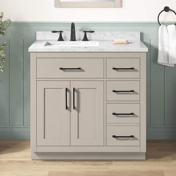 Athea 36 in. Single Sink Greige Bath Vanity with White Engineered Marble Top and Integrated Outlet (Assembled)