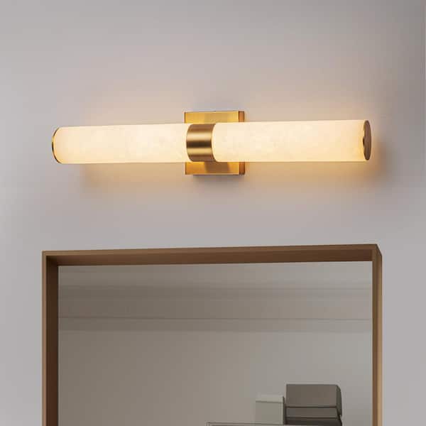 HUOKU Divine 23.6 in. W 1-Light Gold Bathroom LED Vanity Light Cylinder Solid Stone Wall Sconce with Marbleized Glass Shade