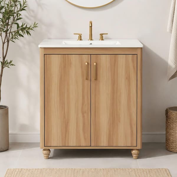 30 in. Natural Bath Vanity with White Ceramic Top with Sink Combo, Doors and Drawer