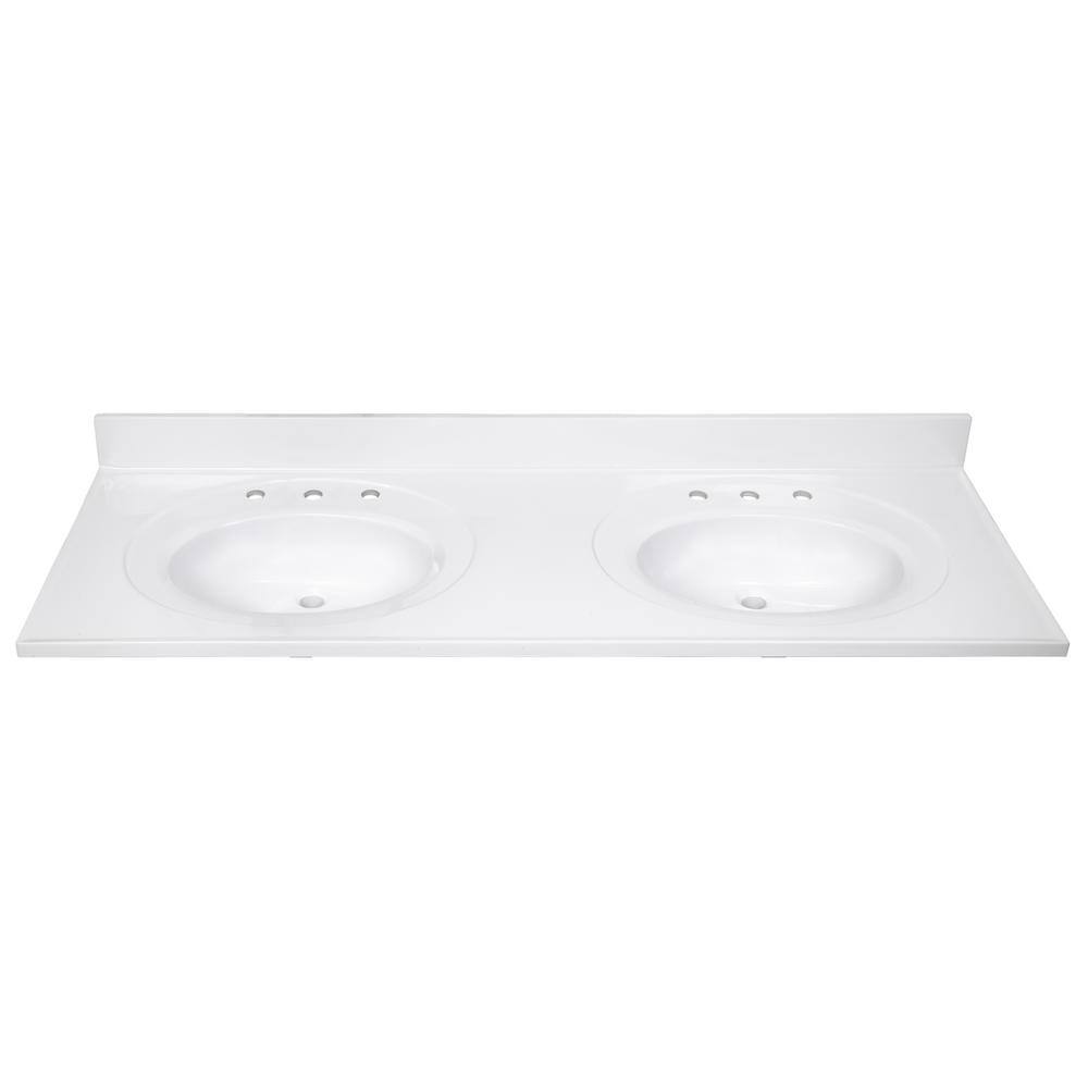 Solid White 61-Inch Double Bowl Composite Vanity Top with Backsplash