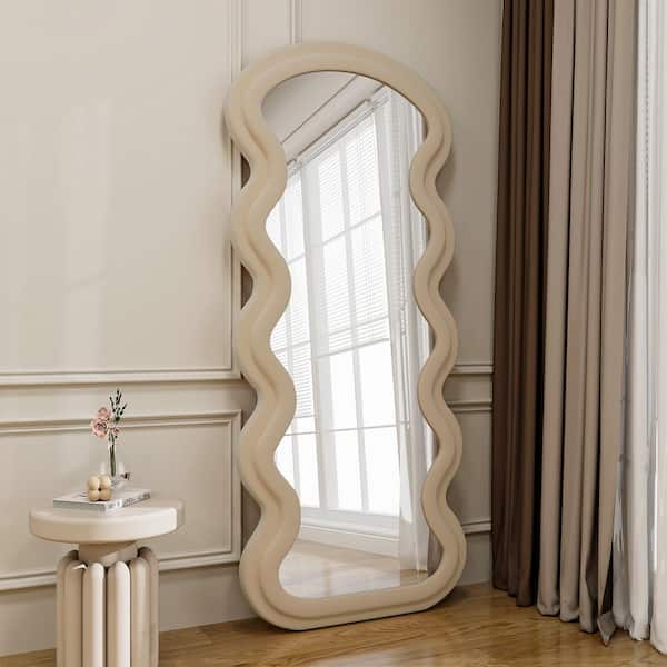 XRAMFY 30 in. W x 71 in. H Irregular Pink Flannelette Wood Framed Wave Shaped Full Length Mirror
