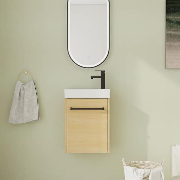 16 in. Wall-Mounted Single Beige Bath Vanity with White Ceramic Vanity Top Assembled