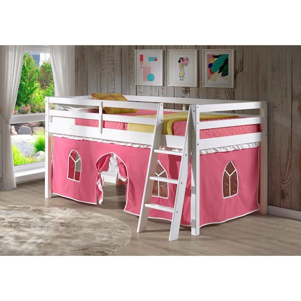 Alaterre Furniture Roxy White with Pink and White Tent Twin Junior Loft