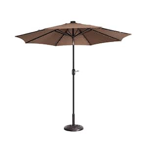 9 ft. Steel Solar LED Lighted Patio Market Umbrella with Auto Tilt, Easy Crank Lift in Brown