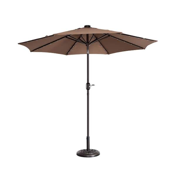 Villacera 9 ft. Steel Solar LED Lighted Patio Market Umbrella with Auto Tilt, Easy Crank Lift in Brown