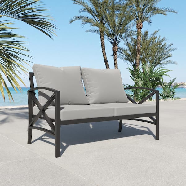 Mondawe Angelica 2 Seats Black Metal All-Weather Outdoor Patio Loveseat Sofa with Cushions in Gray