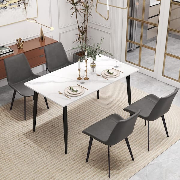 63 in. White Sintered Stone with Black Metal 4 Legs Dining Table (Seats 6)