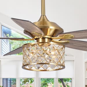 52 in. Indoor Gold 3-Light Downrod Mount Chandelier Ceiling Fan with Crystal Light Kit and Remote Control