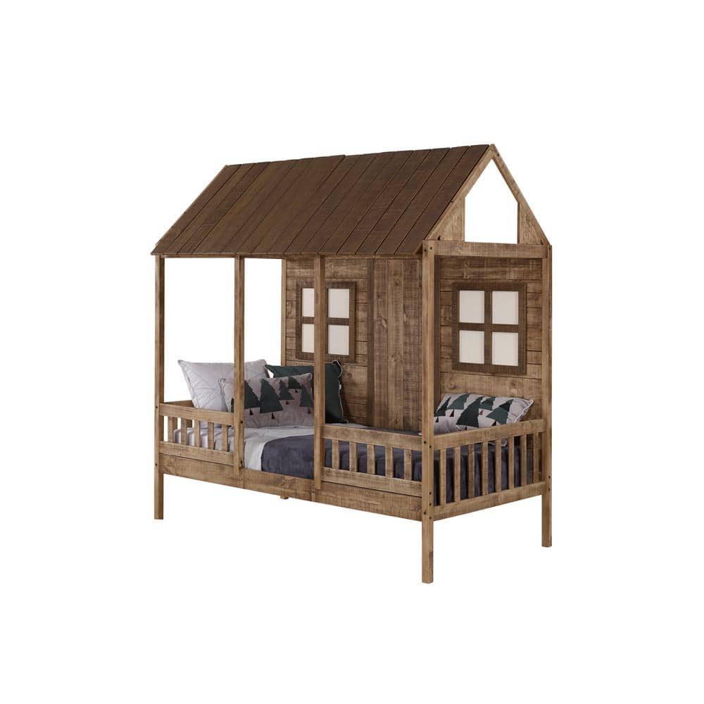 Twin Rustic Driftwood Pine Wood Low Loft Bed with Headboard