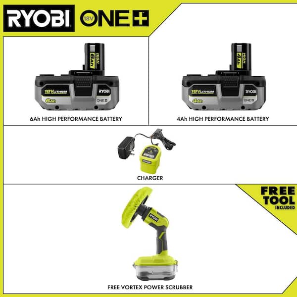 ONE+ 18V Lithium-Ion HIGH PERFORMANCE Kit w/ 4 Ah Battery, 6 Ah Battery, Charger & FREE ONE+ 18V Cordless Power Scrubber
