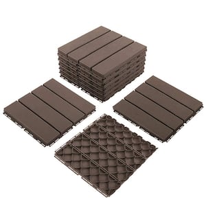 12 in. x 12 in. Outdoor Interlocking Slat Plastic Patio and Deck Tile Flooring in Dark Brown (Set of 9)