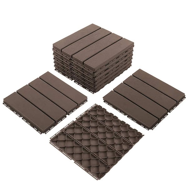 Cesicia 12 in. x 12 in. Outdoor Interlocking Slat Plastic Patio and Deck Tile Flooring in Dark Brown (Set of 9)