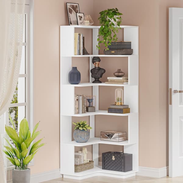 Jannelly 65 in. White Engineered Wood 6-Shelf Corner Standard Bookcase Bookshelf with Anti-Drop Panel