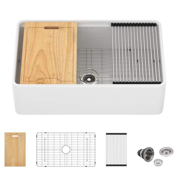 33 in. x 20 in. Ceramic White Farmhouse Single-Bowl Apron Front Workstation Kitchen Sink with Accessories