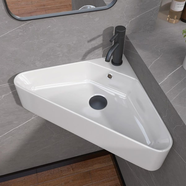 Dert 22.5 x 16.5 x 5 in. Corner Ceramic Wall-Mount Bathroom Sink in White Vessel Wall-Hung with Overflow