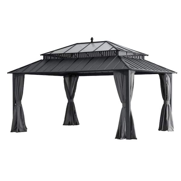 Kingston 16 ft. x 12 ft. Hardtop Gazebo with Steel and PC Roof, Gray Woodgrain Aluminum Posts, Curtains, and Netting