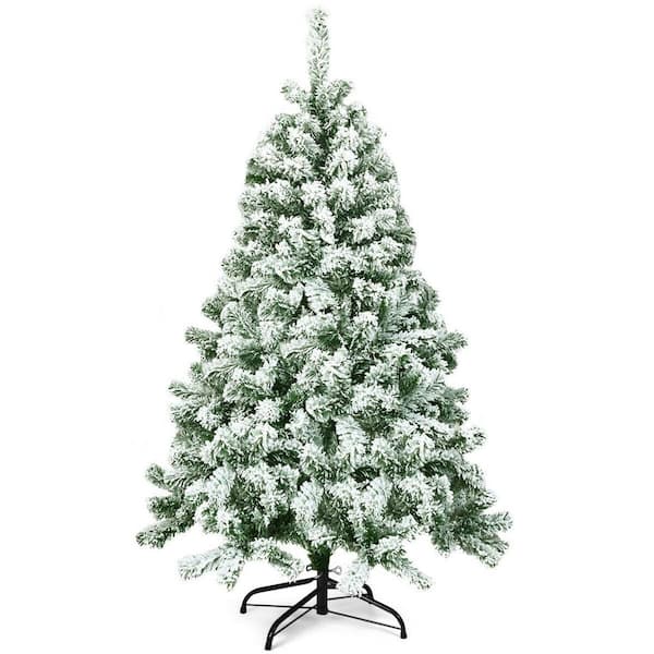 Gymax 6 ft. Snow Flocked Artificial Christmas Tree Hinged Pine Tree with Metal Stand