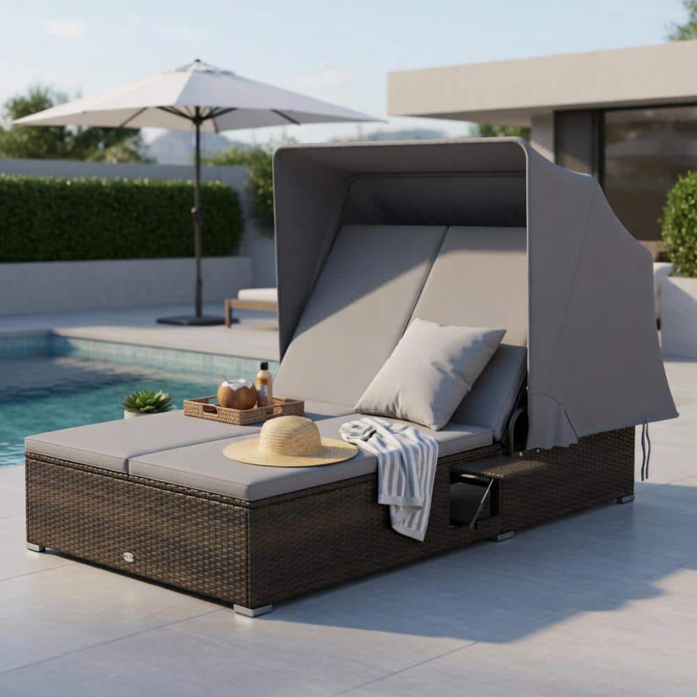 Patio Double Chaise Lounge with Shade Cushions and Folding Side Trays-Gray