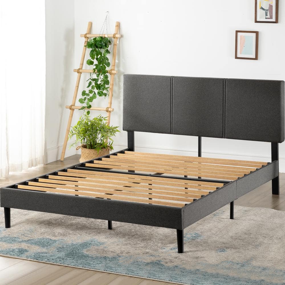Elegant Gray Queen Upholstered Platform Bed with Bamboo Slats